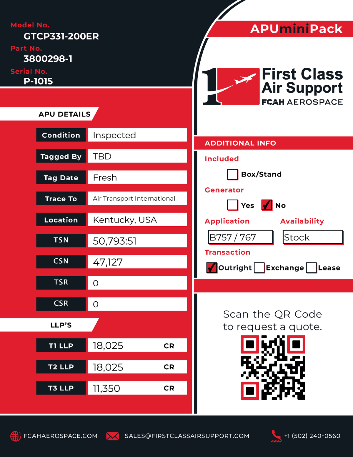 Exclusive 767/757 APU with High LLP